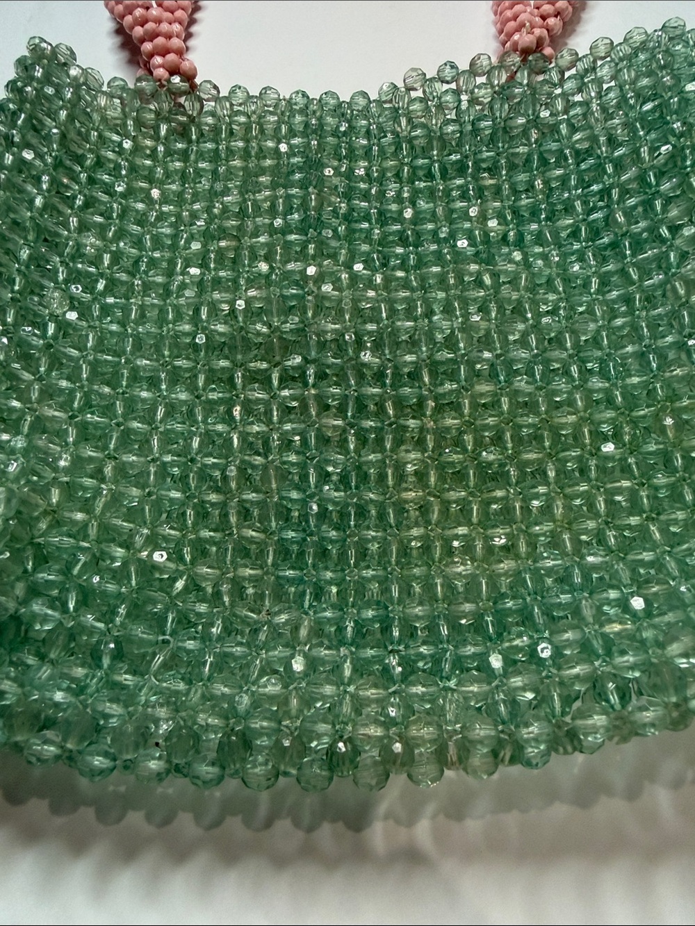 Handmade Beaded Mint Green Tote with Pink Beaded Handles - Picture 2 of 3
